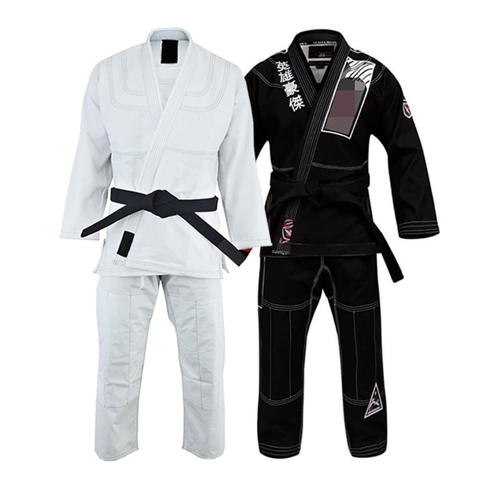 Full front view of the QTBU-001 custom wholesale BJJ uniform set including jacket with thick collar and matching pants