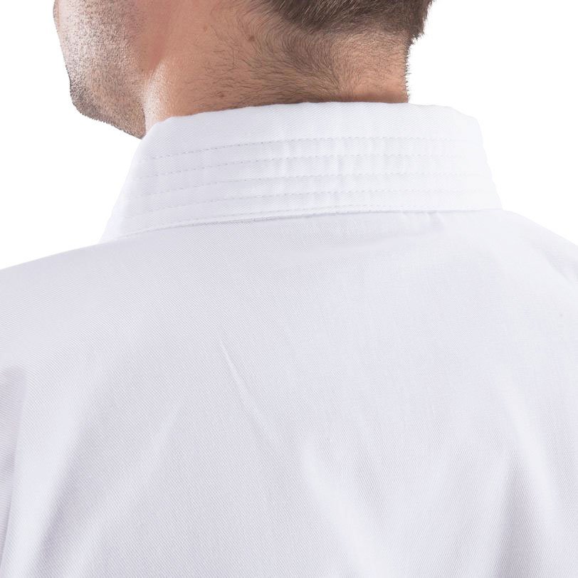 Back view of Tidesports karate gi jacket collar showing reinforced EVA rubber lining construction for durability