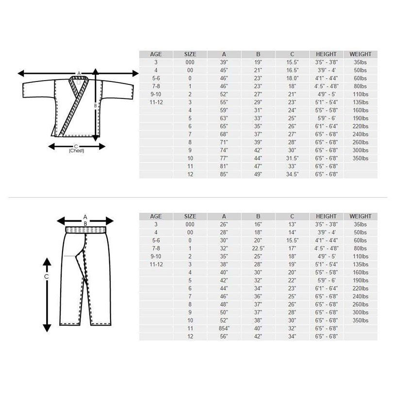 Tidesports QTKU-001 wholesale karate uniform size chart with measurement guide for kids and adults