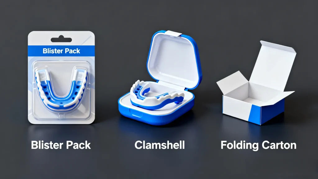 Various private label custom packaging options for sports mouthguards including blister packs and boxes.