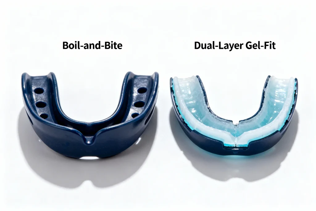 Comparison of single-layer vs dual-layer gel custom mouthguard construction details.