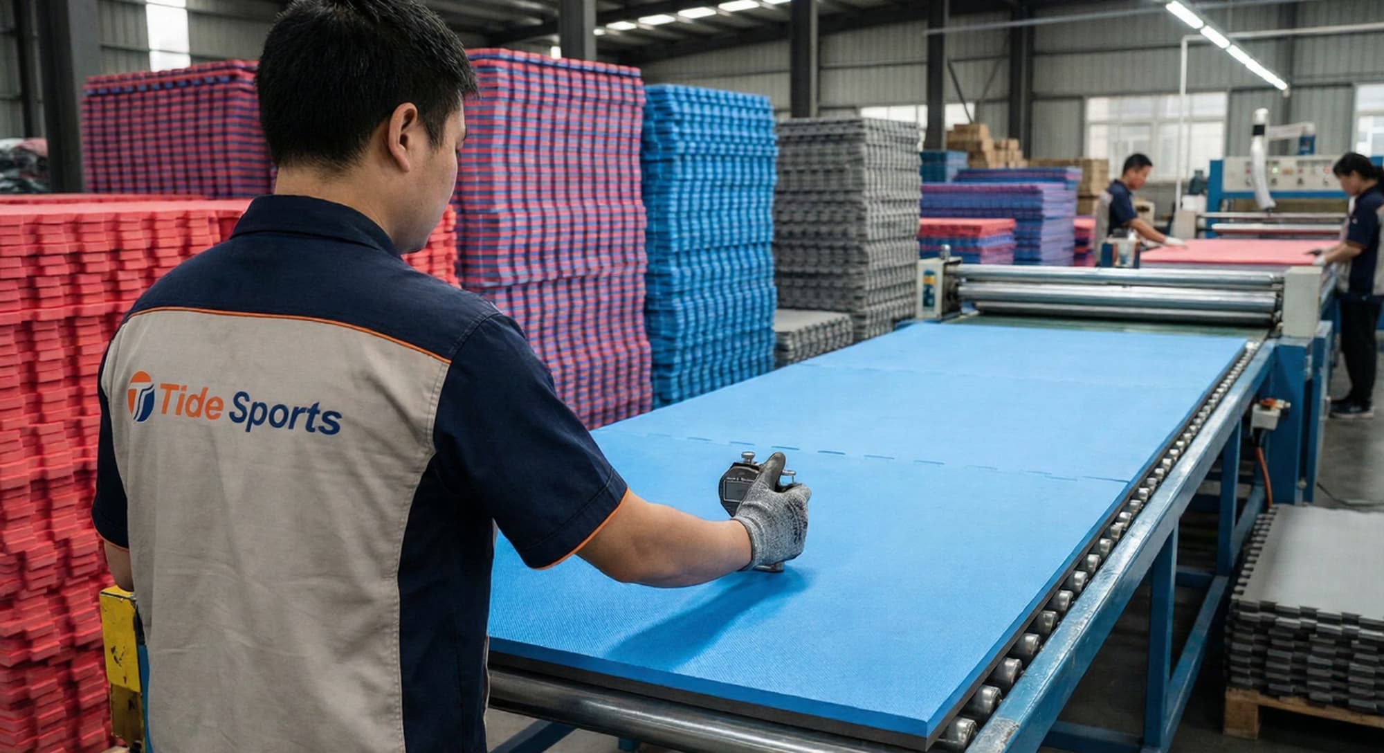 Factory worker performing a pre-shipment quality inspection on high density EVA foam mats