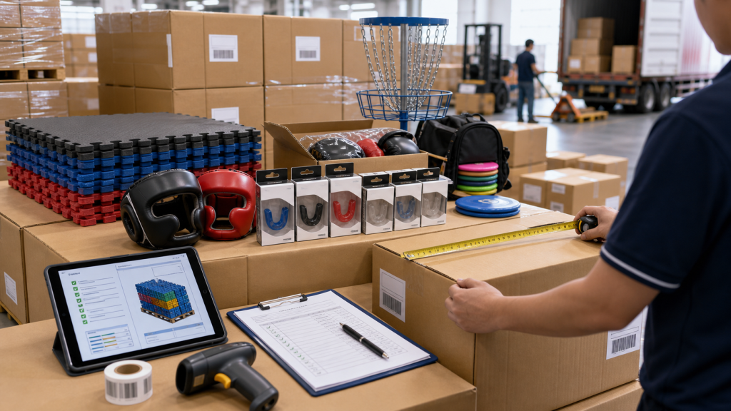 Sports equipment packing verification before container loading for B2B shipments