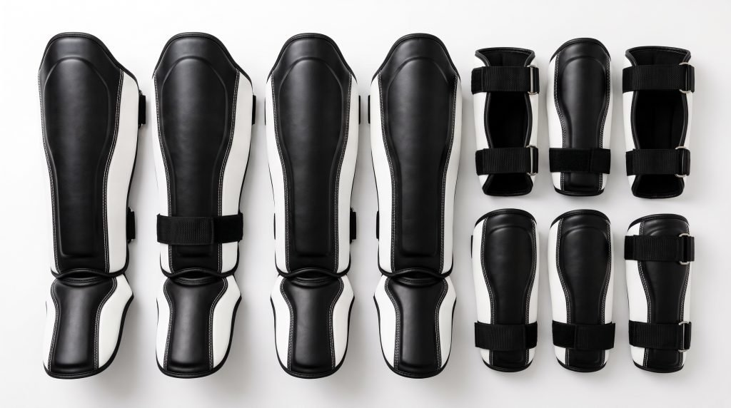Symmetrically arranged black and white custom martial arts shin guards with instep and matching forearm guards for bulk wholesale order.