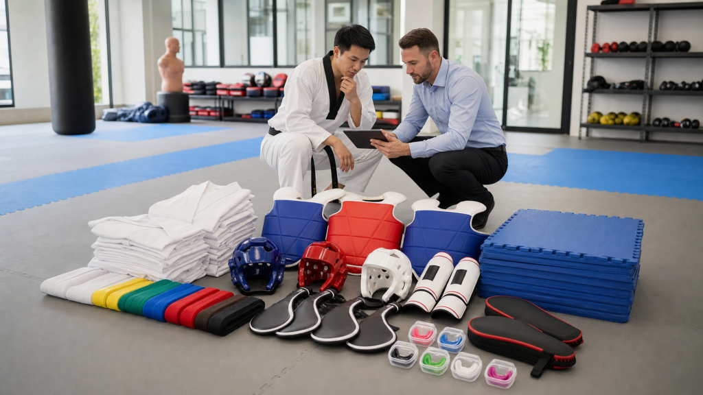 Martial arts equipment wholesale starter kit with uniforms belts protective gear and training targets