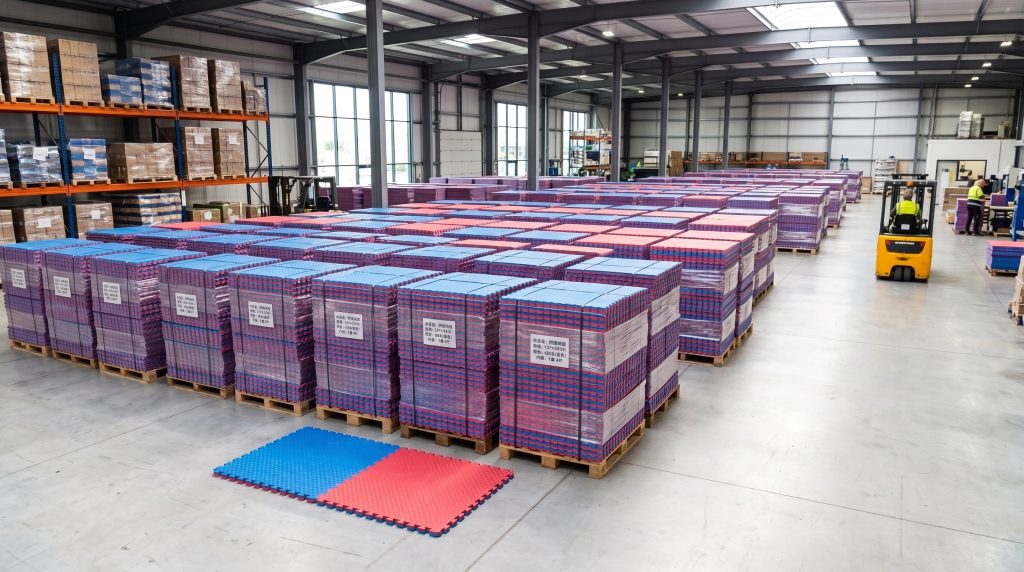 Wholesale EVA puzzle mats neatly stacked and labeled on wooden pallets inside a modern manufacturing warehouse ready for bulk export.
