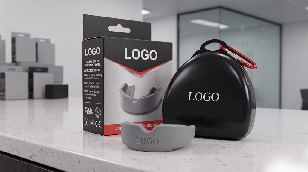 A premium custom sports mouthguard set on a white countertop, featuring a gray mouthguard, a black carrying case with a red carabiner, and a black, white, and red retail box with 'LOGO' text