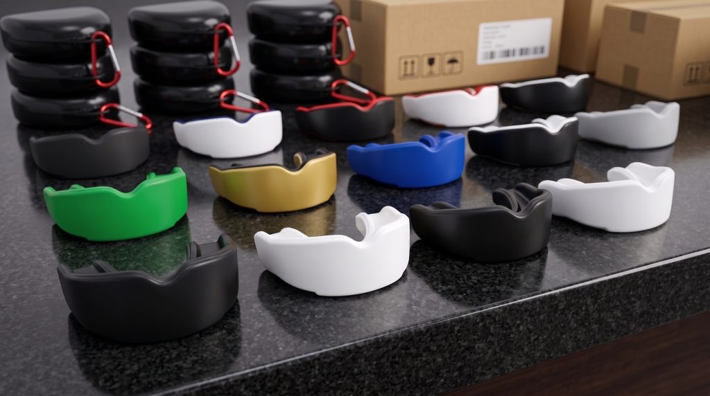 A wholesale display of custom sports mouthguards in multiple colors, featuring black, white, blue, green, gold, and dual-tone designs, alongside stacked protective cases with red carabiners and shipping cartons on a dark countertop.